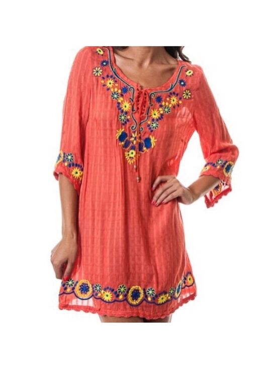 Umgee Tops - Umgee Coral Tunic / Dress (mini) with Blue and Yellow Embroidery Size Medium EUC